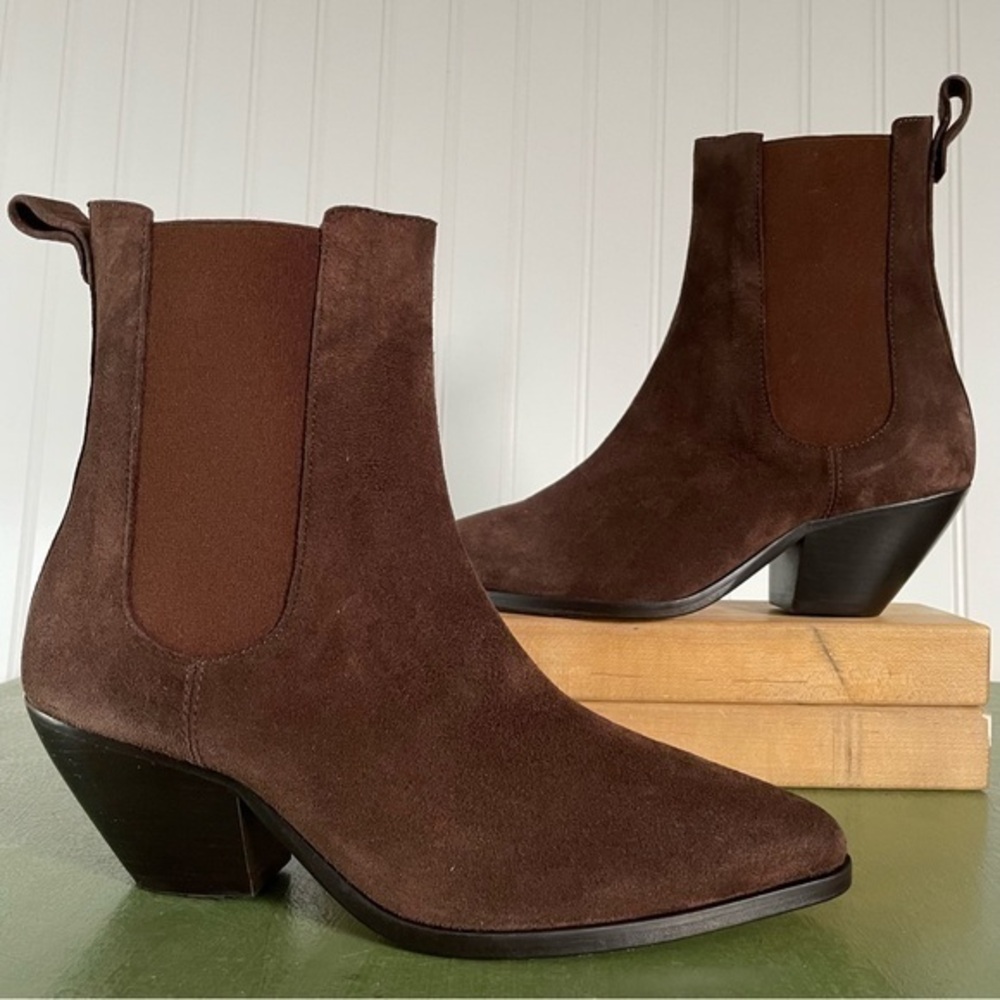 NWT Sandro Paris Santiag Marron Foncé H20RAPH Boots in Tobacco Suede *Fr… - Picture 1 of 15